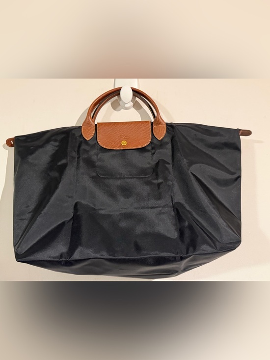 Longchamp Handbags - Longchamp Le Pliage Black Nylon with Brown Leather Trim - large Travel Tote
